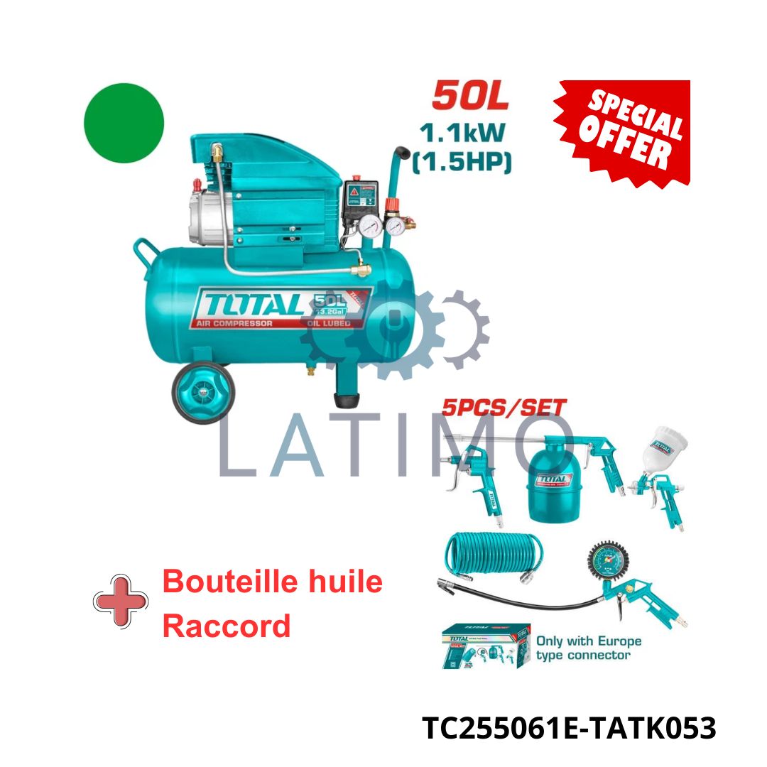 Total pack compresseur 50l + jeu de 5 pcs goude haut TC255061E-TATK053 Pack compresseur 50l + jeu de 5 pcs goude haut TC255061E-TATK053-Total