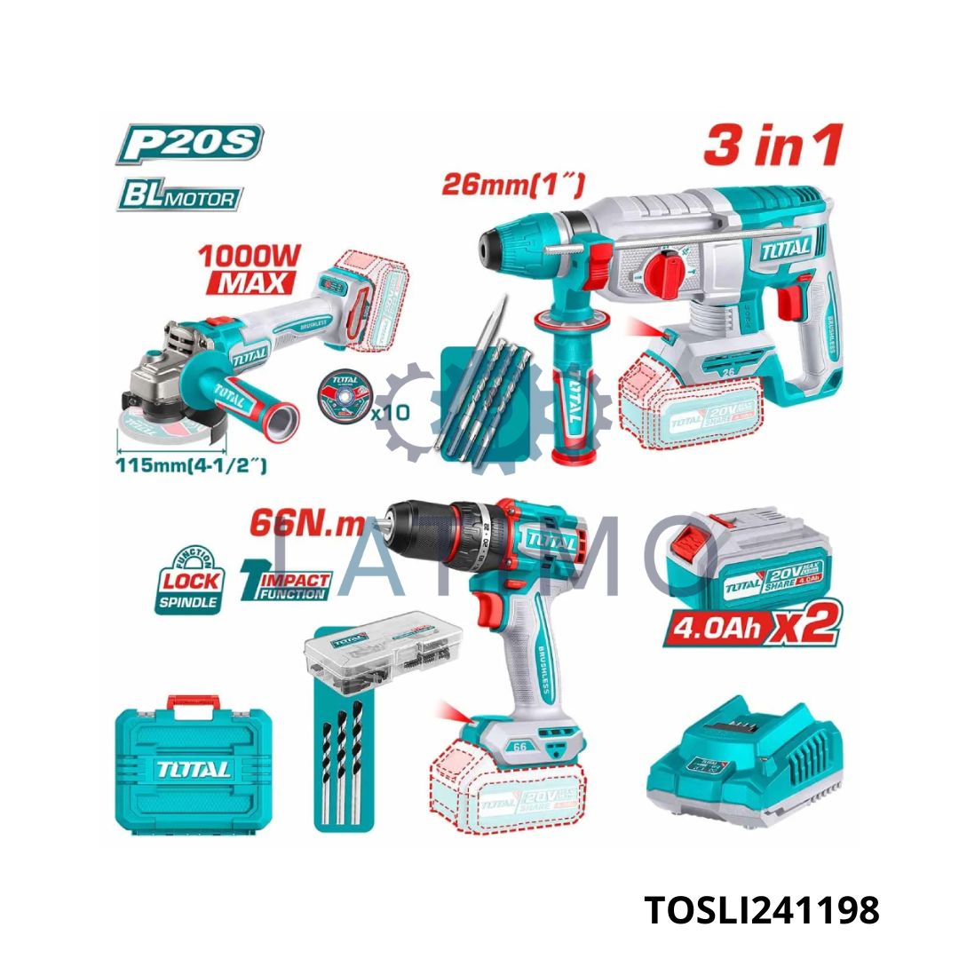 TOTAL Pack outillage 3en1 4ah TOSLI241198 Pack outillage 3en1 4ah-TOTAL