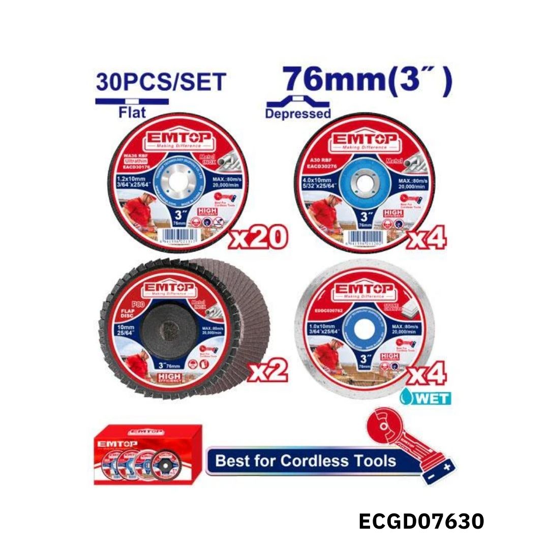 EMTOP Jeu de 25 disques 76mm coupe poncage ECGD07630 EMTOP Jeu de 25 disques 76mm coupe poncage ECGD07630