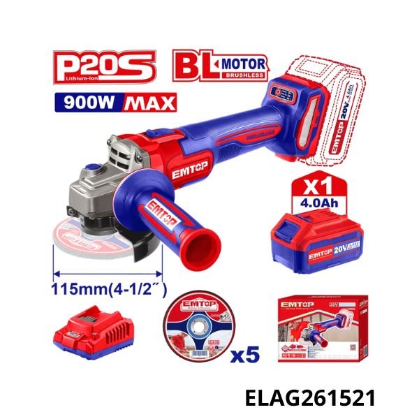 EMTOP Meuleuse a batterie 20v 4ah + 5 disques ELAG261521 EMTOP Meuleuse a batterie 20v 4ah + 5 disques ELAG261521
