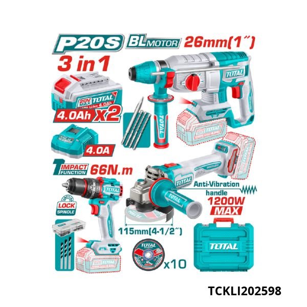 TOTAL Kit outillages 3en1 + accessoires 20v 2.4ah TCKLI202598 TOTAL Kit outillages 3en1 + accessoires 20v 2.4ah TCKLI202598