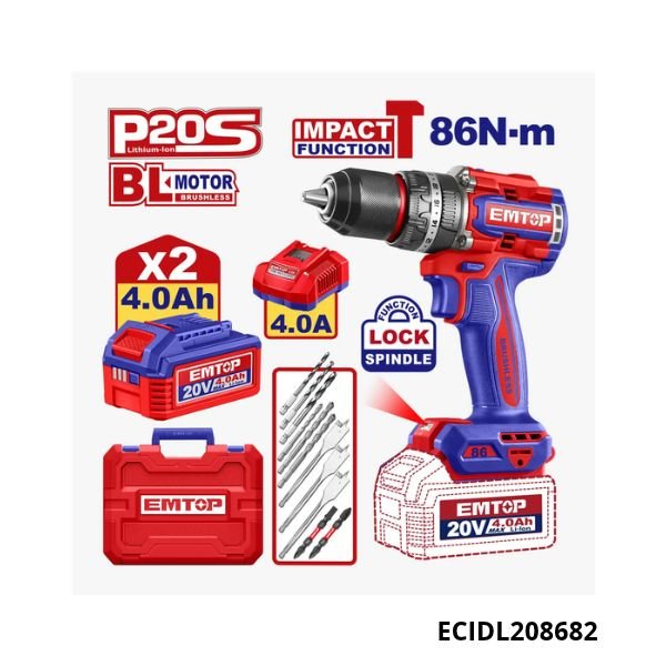 EMTOP Visseuse perceuse brushless 86nm 20v 4ah ECIDL208682 EMTOP Visseuse perceuse brushless 86nm 20v 4ah ECIDL208682